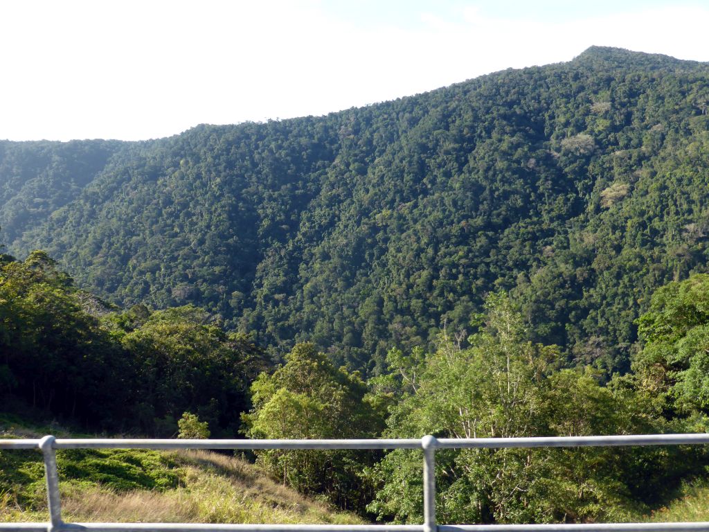 Hills with trees on the other side of the Barron Creek valley, viewed from the Kuranda Scenic Railway train near the Red Bluff rocks