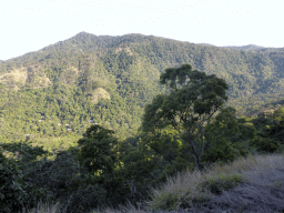 Hills with trees on the other side of the Barron Creek valley, viewed from the Kuranda Scenic Railway train near the Red Bluff rocks