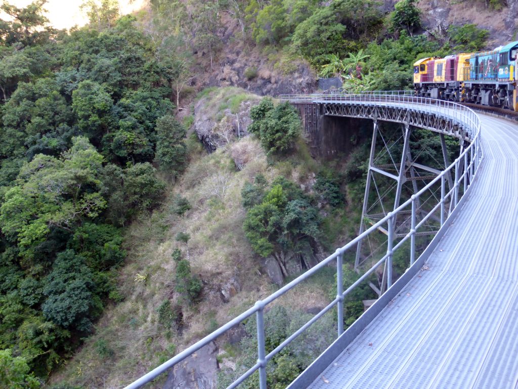 The Kuranda Scenic Railway train at the Stoney Creek Falls Bridge