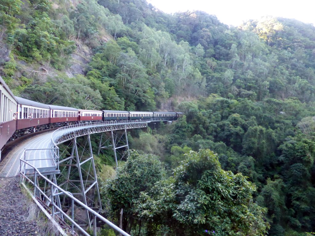 The Kuranda Scenic Railway train at the Stoney Creek Falls Bridge