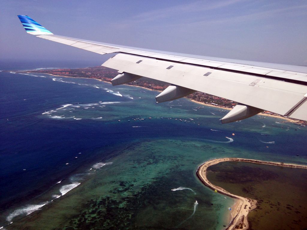 The Serangan island and the village of Tanjung Benoa on the Kuta Selatan peninsula, viewed from the airplane from Melbourne