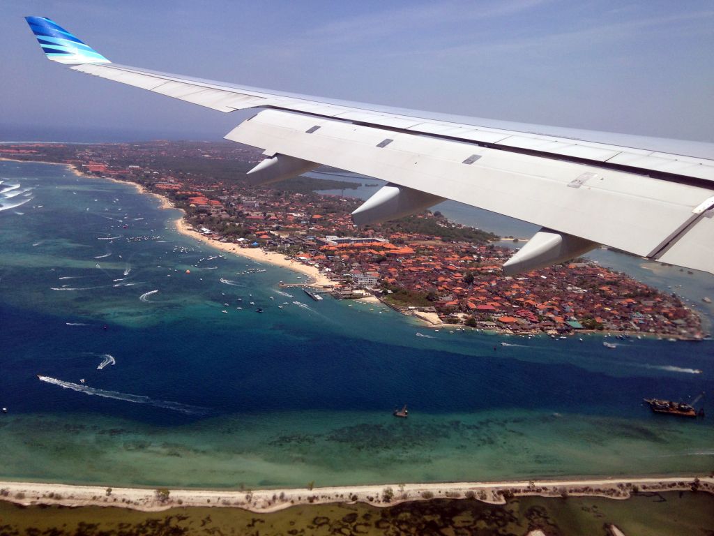 The Serangan island and the village of Tanjung Benoa on the Kuta Selatan peninsula, viewed from the airplane from Melbourne