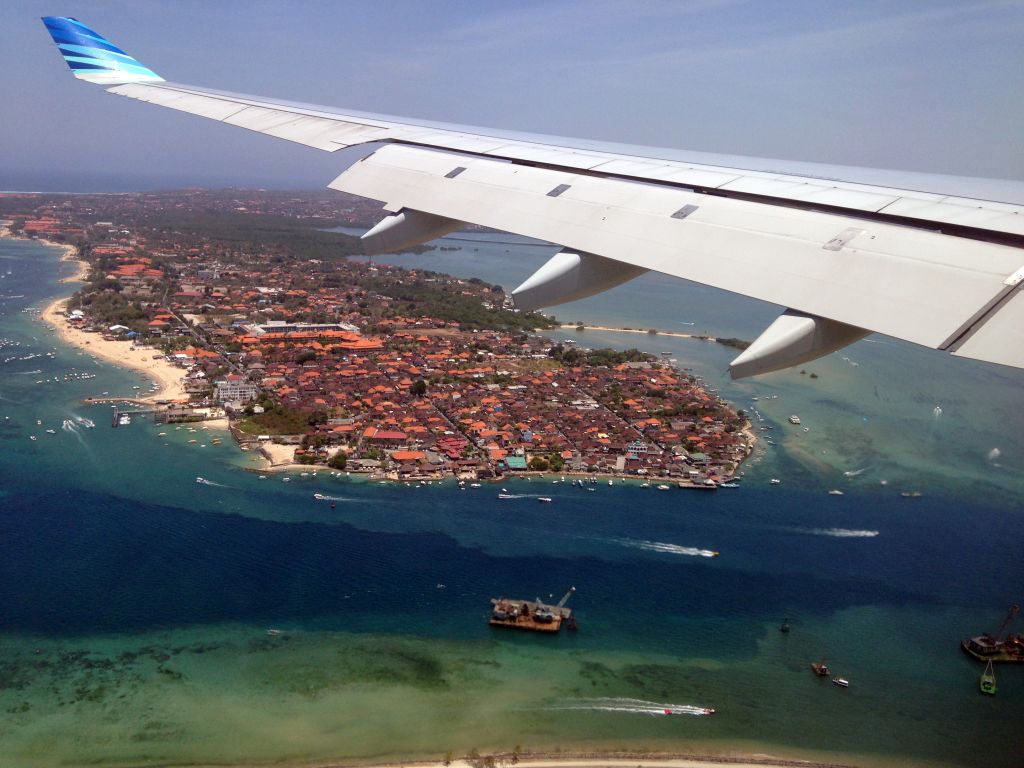 The Serangan island and the village of Tanjung Benoa on the Kuta Selatan peninsula, viewed from the airplane from Melbourne