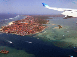 The village of Tanjung Benoa on the Kuta Selatan peninsula and the Mandara Toll Road over the Gulf of Benoa, viewed from the airplane from Melbourne