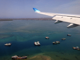 The Kuta Selatan peninsula and the Mandara Toll Road over the Gulf of Benoa, viewed from the airplane from Melbourne