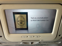 Screen in the airplane from Melbourne, displaying the 2013 Award for the World`s Best Economy Class for the Garuda Indonesia airlines