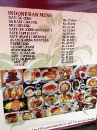 Menu of the Shri Aryma Beach Restaurant at the Jalan Wana Segara street