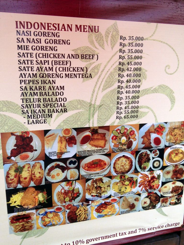 Menu of the Shri Aryma Beach Restaurant at the Jalan Wana Segara street