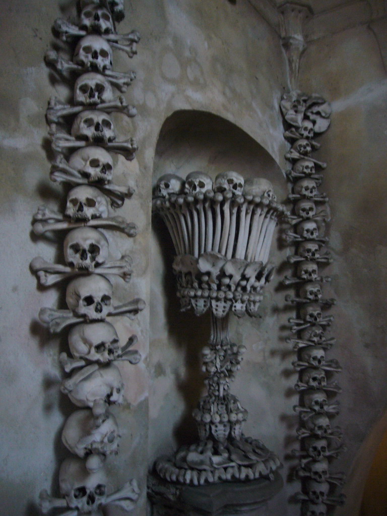 Wall with skulls and bones in the Sedlec Ossuary