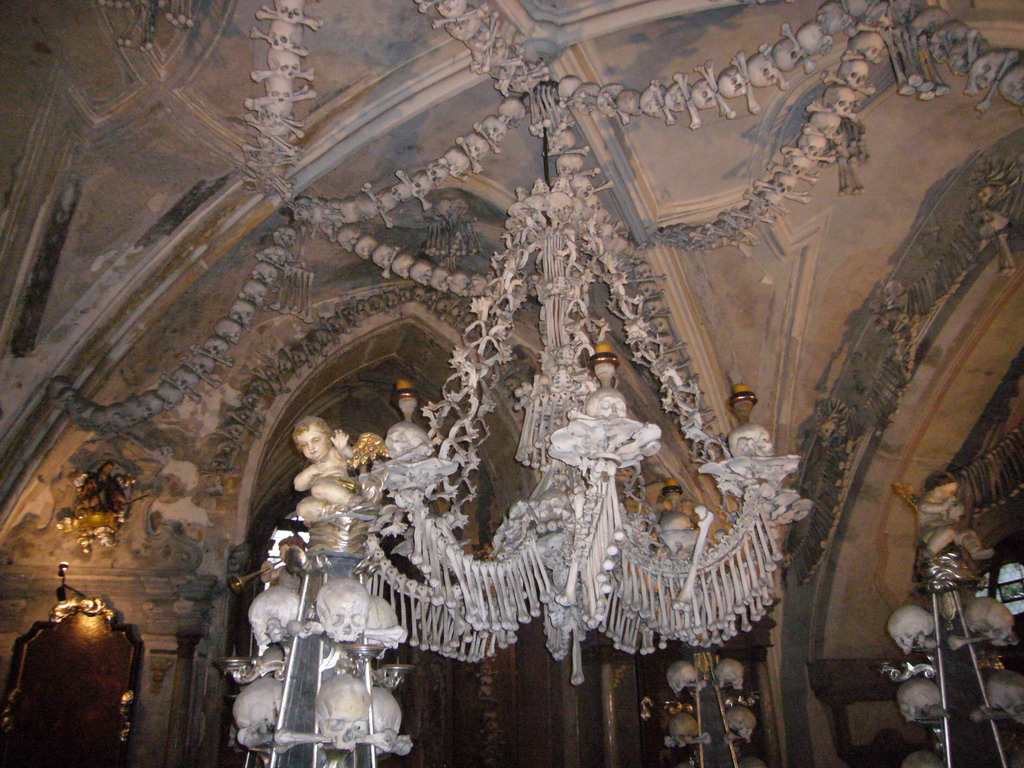 Chandelier of skulls and bones in the Sedlec Ossuary