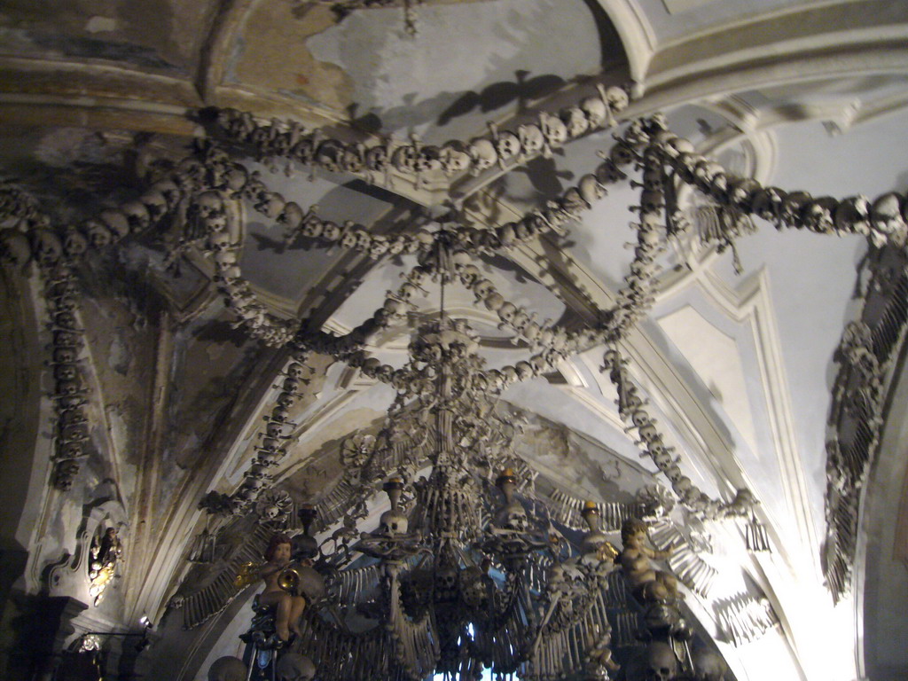 Chandelier of skulls and bones in the Sedlec Ossuary