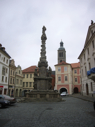 Morový sloup (Plague Column) at ultysova square, and the tower of the Arch-Deanery Church of St. Jacob