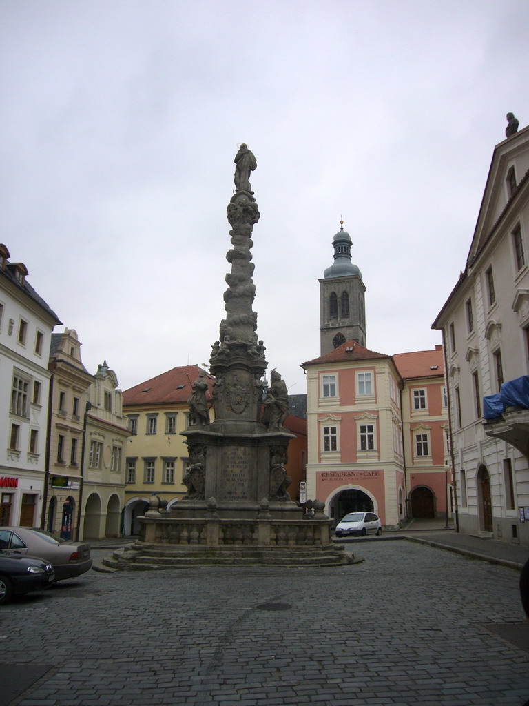 Morový sloup (Plague Column) at ultysova square, and the tower of the Arch-Deanery Church of St. Jacob