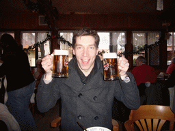 Tim with beers in our lunch restaurant `Dacický`