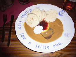 Typical Czech dish `svícková na smetane` (marinated beef sirloin)