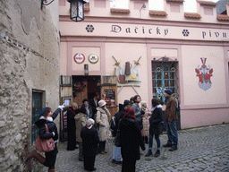 Miaomiao in front of our lunch restaurant `Dacický`