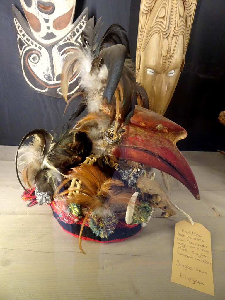 Hat made of a Hornbill skull, rodent skull, swine teeth and feathers at the Nature Classroom at the Berkenhof Tropical Zoo, with explanation