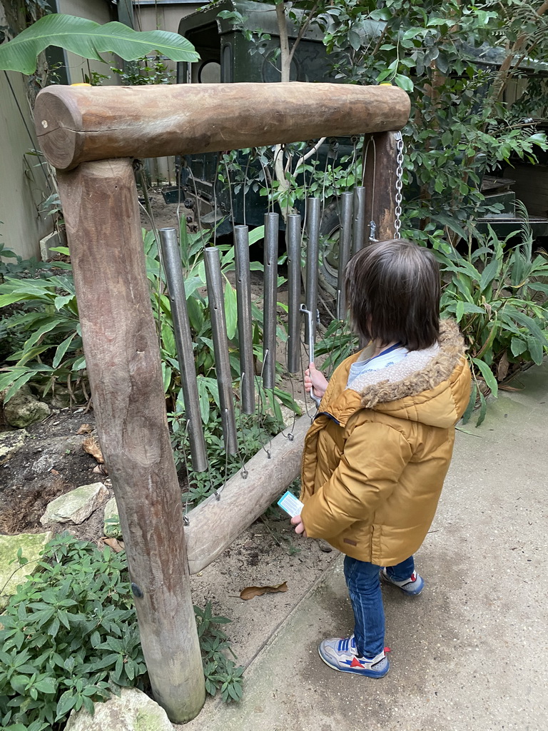 Max playing with a musical instrument at the Kids Jungle at the Berkenhof Tropical Zoo