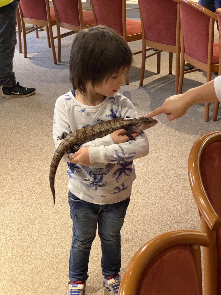 Max with a Blue-tongued Skink at the Nature Classroom at the Berkenhof Tropical Zoo