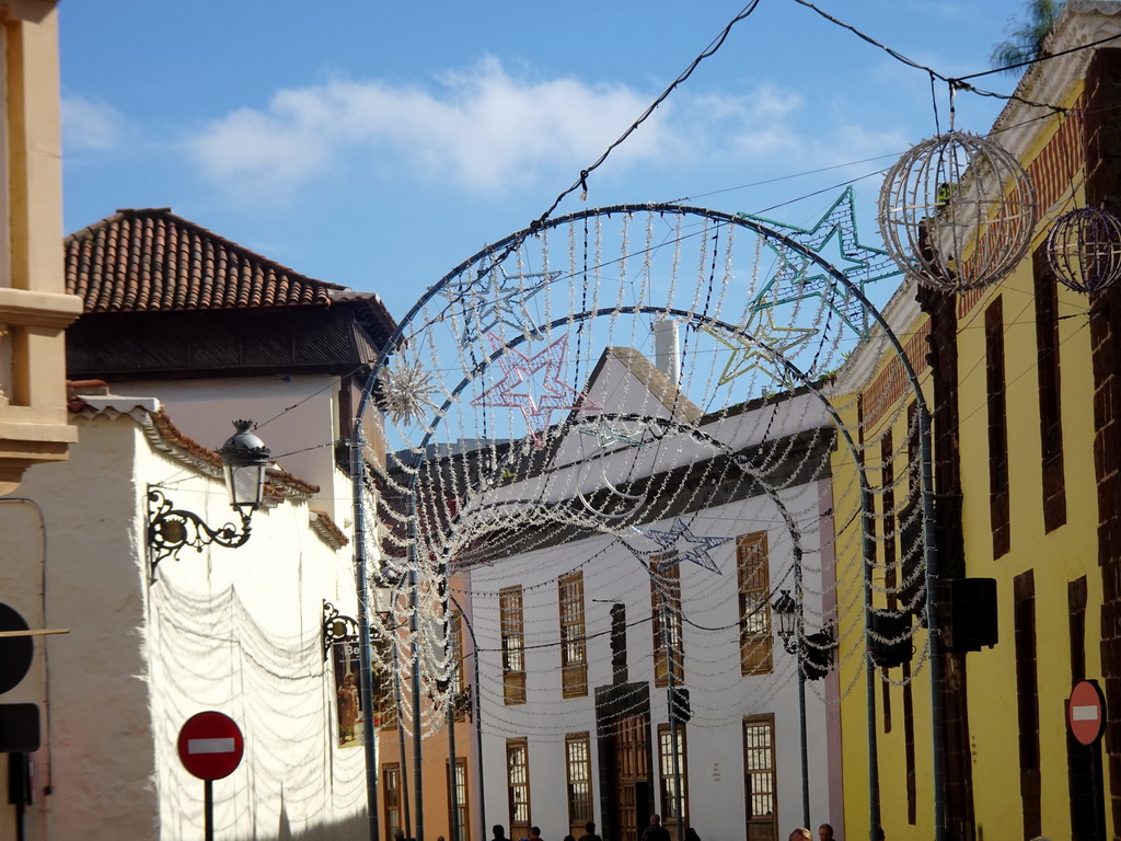 Decorations at the Calle Obispo Rey Redondo street with the Casa de los Capitanes Generales building and the northwest side of the City Hall