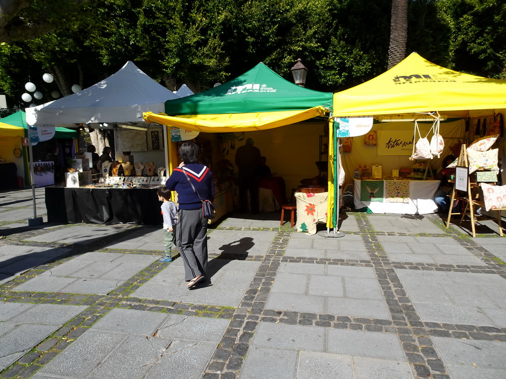 Miaomiao and Max with market stalls at the Plaza del Adelantado square