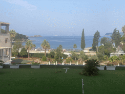 The Uvala Lapad Beach, the Adriatic Sea, the Otok Greben island with the Grebeni Lighthouse and the Kolocep island, viewed from our room at the Grand Hotel Park