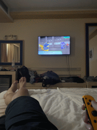 Tim playing `Pokémon Let`s Go, Pikachu!` on the Nintendo Switch in our room at the Grand Hotel Park