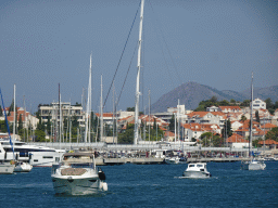 Piers with boats at the Gru Port, viewed from the Elaphiti Islands tour boat