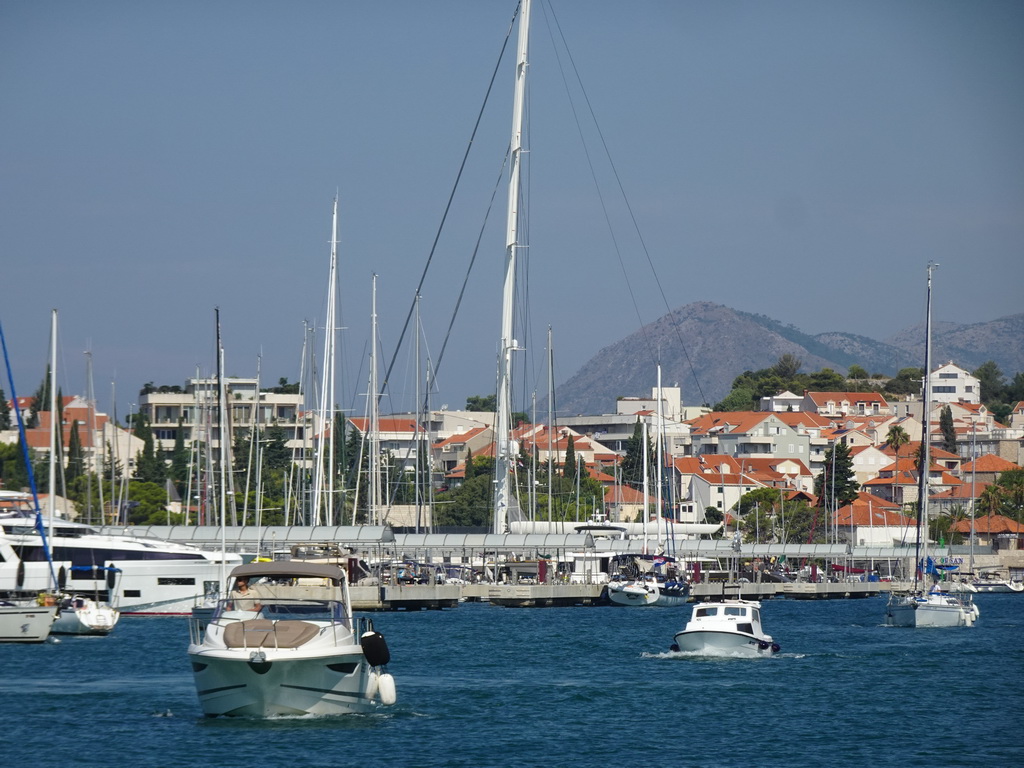 Piers with boats at the Gru Port, viewed from the Elaphiti Islands tour boat