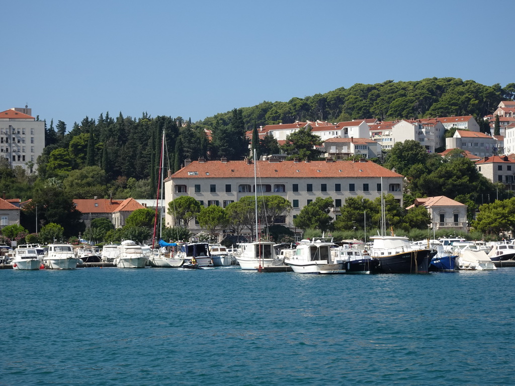 Boats at the Gru Port and buildings at the Ulica Nikole Tesle street, viewed from the Elaphiti Islands tour boat