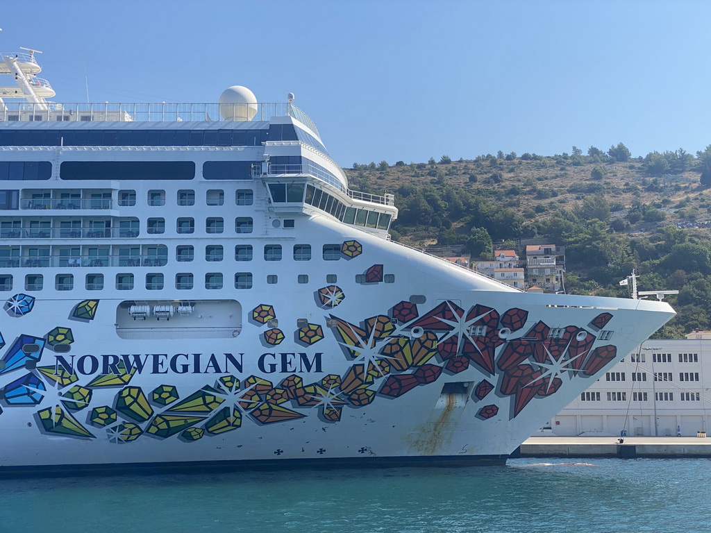 The cruise ship `Norwegian Gem` at the Gru Port, viewed from the Elaphiti Islands tour boat