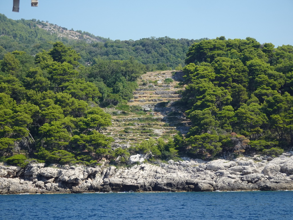 Terraces on a hill at the northwest side of Dubrovnik, viewed from the Elaphiti Islands tour boat