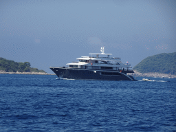 The boat `Lady Eleganza` on the Adriatic Sea and the Kolocep island, viewed from the Elaphiti Islands tour boat