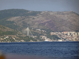 Boats at the Gru Port and the Franjo Tudman Bridge over the Rijeka Dubrovacka inlet, viewed from the Elaphiti Islands tour boat