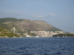 Boats at the Gru Port and the Franjo Tudman Bridge over the Rijeka Dubrovacka inlet, viewed from the Elaphiti Islands tour boat