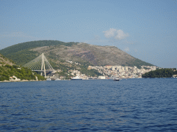 Boats at the Gru Port and the Franjo Tudman Bridge over the Rijeka Dubrovacka inlet, viewed from the Elaphiti Islands tour boat