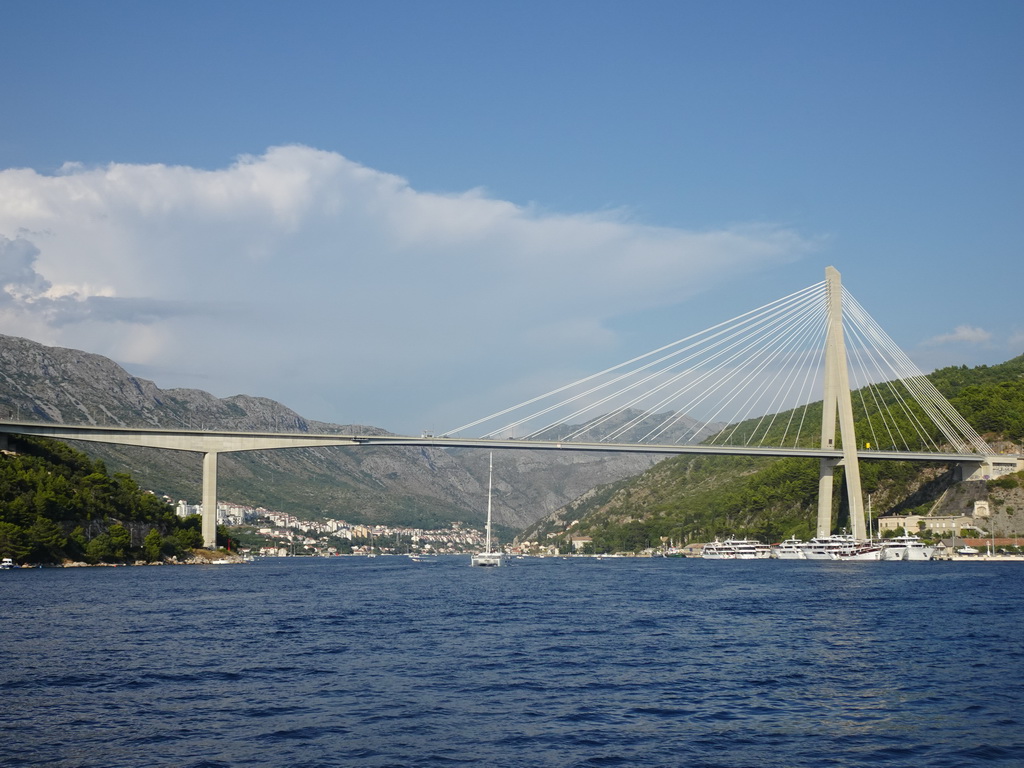 Boats at the Gru Port and the Franjo Tudman Bridge over the Rijeka Dubrovacka inlet, viewed from the Elaphiti Islands tour boat