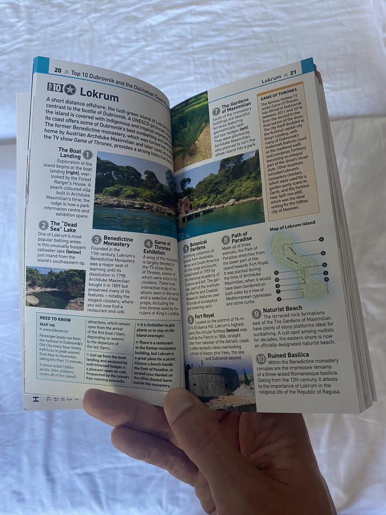 Information on the Lokrum island in our tour guide book in our room at the Grand Hotel Park