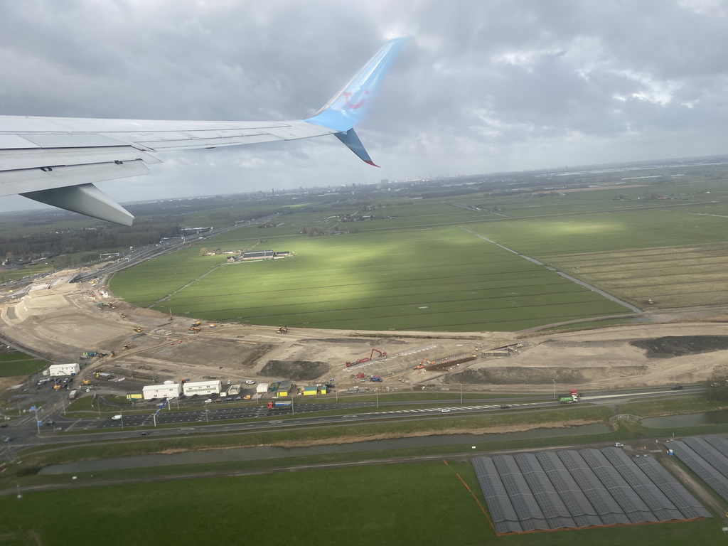 New highway under construction at the west side of the Rotterdam The Hague Airport, viewed from the airplane from Rotterdam