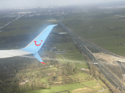 The A13 highway at the west side of the Rotterdam The Hague Airport, viewed from the airplane from Rotterdam