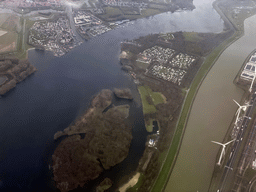 The Brielse Meer lake with the Middenplaat en Ruigeplaatje islands and the town of Brielle, viewed from the airplane from Rotterdam