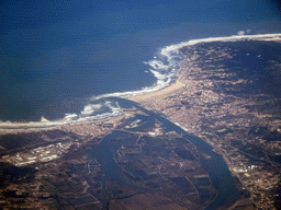 The city of Figueira da Foz with the Praia da Claridade beach and the Mondego River in Portugal, viewed from the airplane from Rotterdam