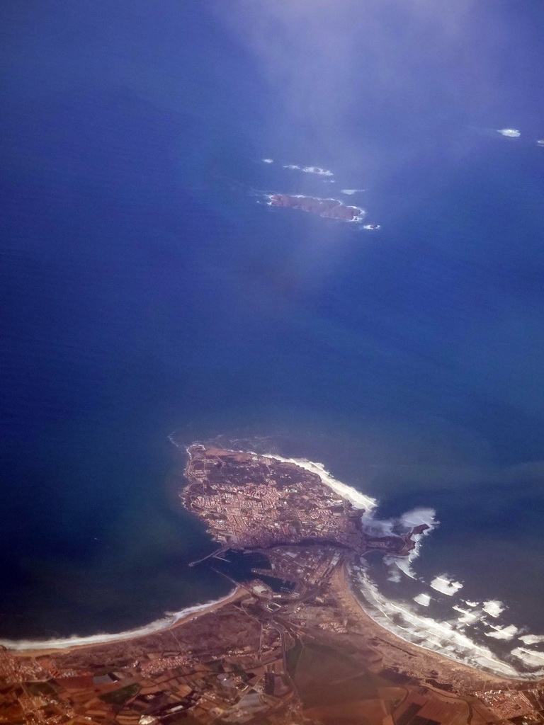 The island of Berlengas and the city of Perniche in Portugal, viewed from the airplane from Rotterdam