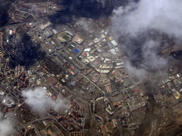 The southwest side of the city with the Estadio Gran Canaria stadium, viewed from the airplane from Rotterdam