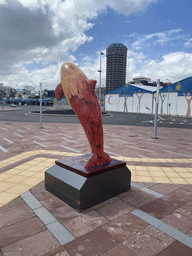 Fish statue in front of the Poema del Mar Aquarium and the AC Hotel Gran Canaria at the Avenida de los Consignatarios street