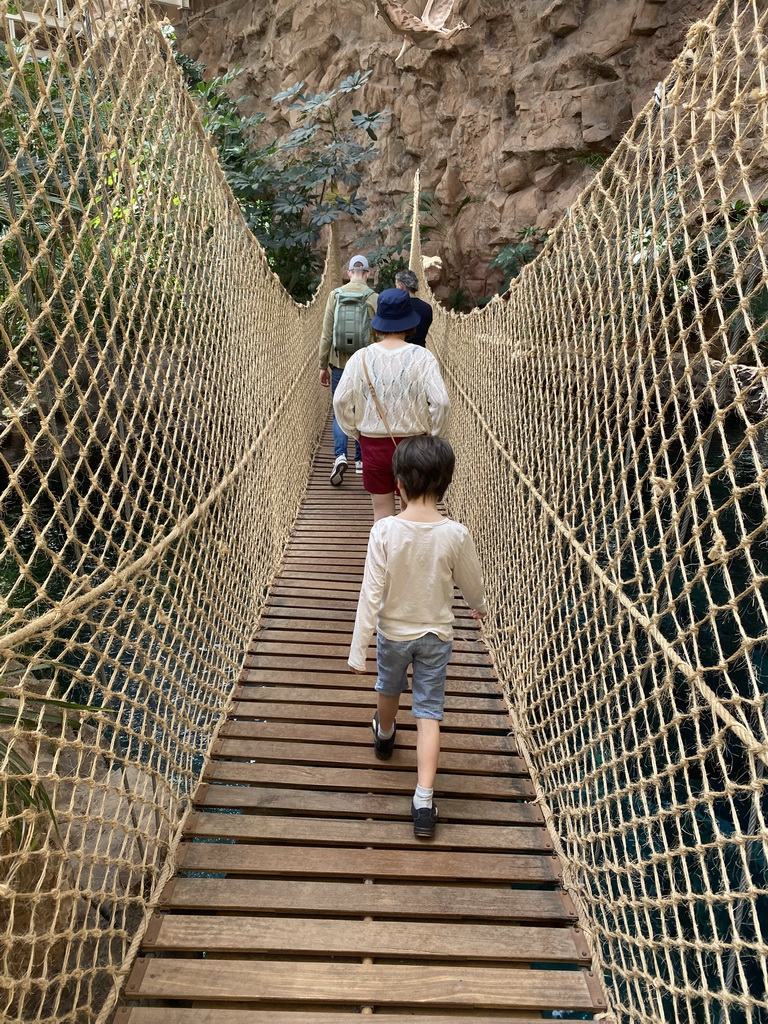Miaomiao and Max on a rope bridge at the middle floor of the Jungle area at the Poema del Mar Aquarium