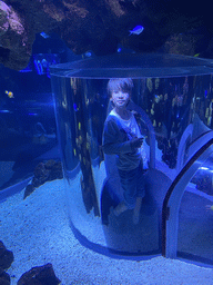 Max in a glass tunnel at the Nemo Kids area at the middle floor of the Beach Area at the Poema del Mar Aquarium