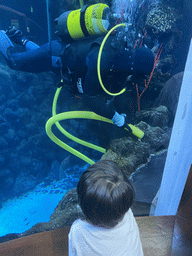 Max looking at a diver at the underwater tunnel at the upper floor of the Deep Sea Area at the Poema del Mar Aquarium