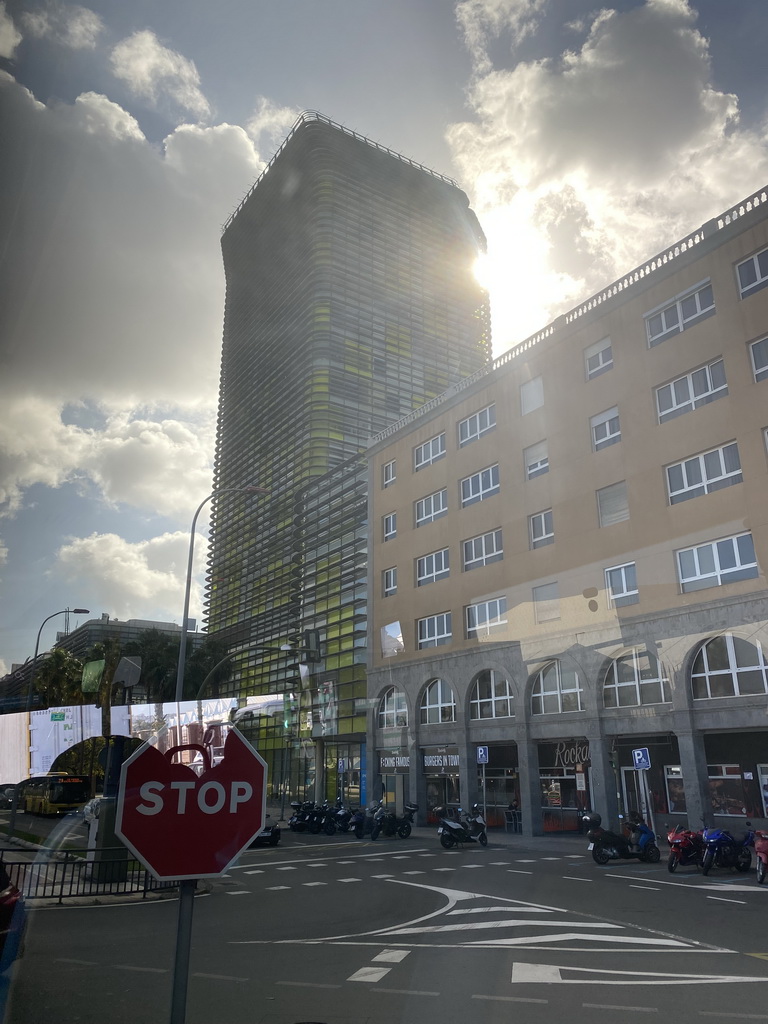 The Woermann Tower at the Calle Eduardo Benot street, viewed from the bus to Maspalomas on the GC-1 road