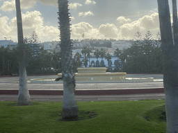 The Plaza Fuero Real de Gran Canaria square with the Fuente Luminosa fountain and the Navy Command building, viewed from the bus to Maspalomas on the GC-1 road